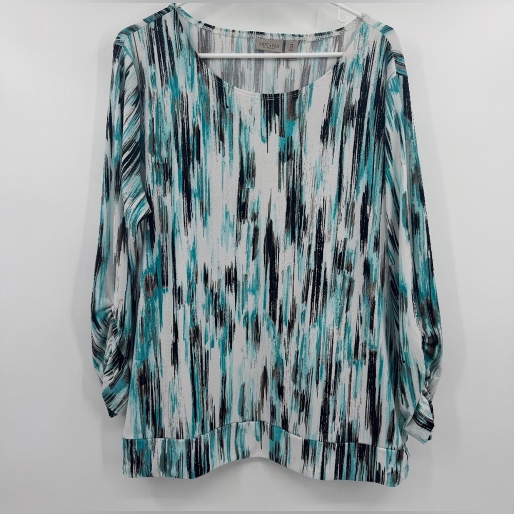 Chico’s Women’s Blouse in White, Teal and Brown| Size: 3 (16)